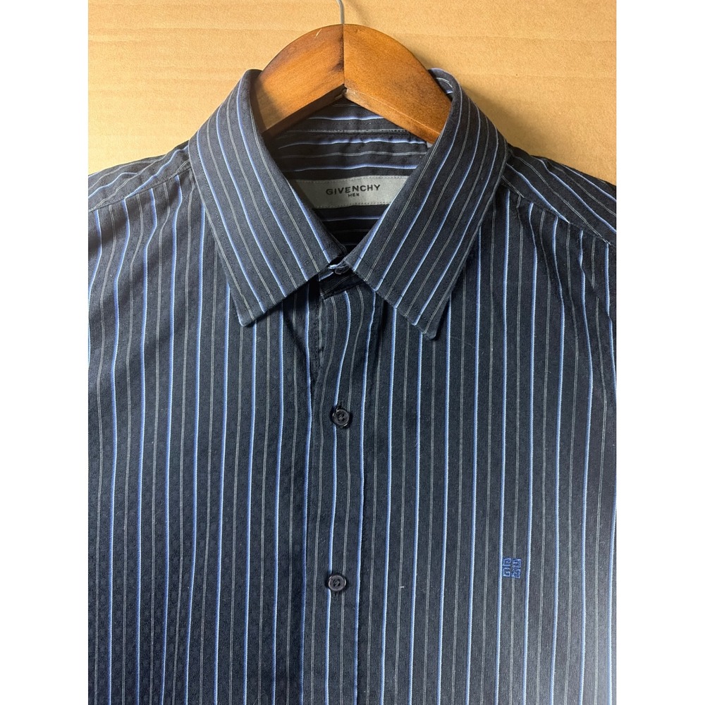 Givenchy Button Up Shirt Mens Large Navy Blue Striped Short Sleeve 4G Logo Luxur
